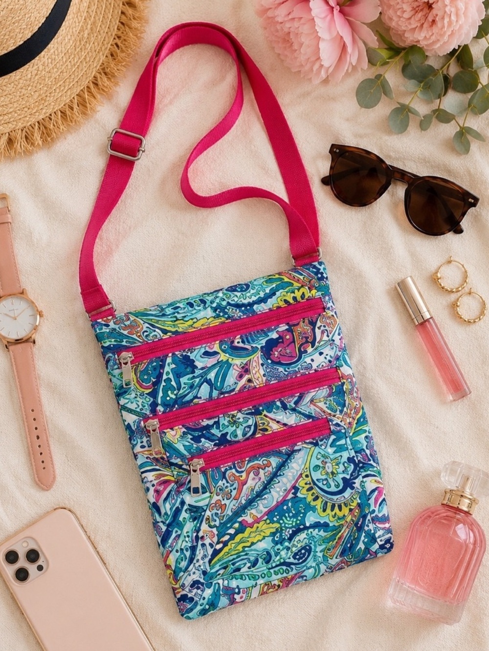 NEW Pink and Blue Paisley Nylon Multi Pocket Messenger/Crossbody Bag